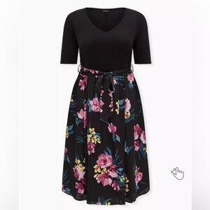 Black Floral Knit to Woven Self Tie Midi Dress